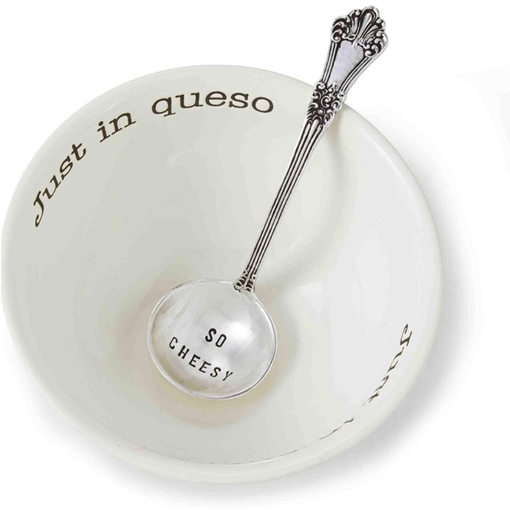 Mud Pie JUST IN QUESO Dip Set White Bowl Silver Engraved Spoon NWT - Picture 5 of 6